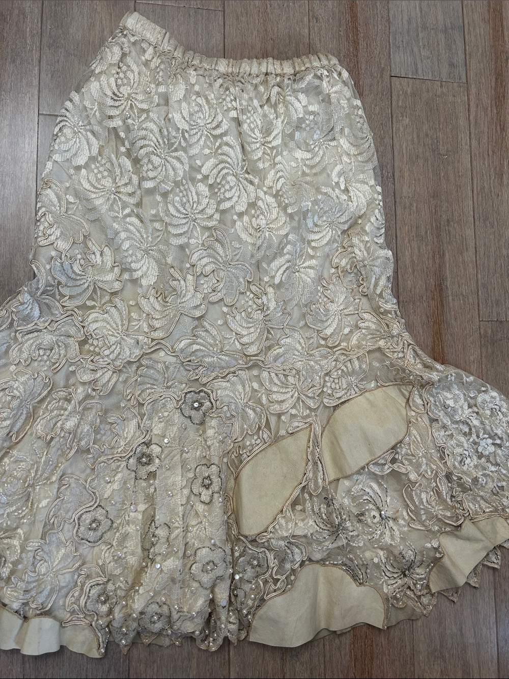 VTG lace suede layered beaded midi Floral Mermaid Skirt - Cream size M - Picture 4 of 14